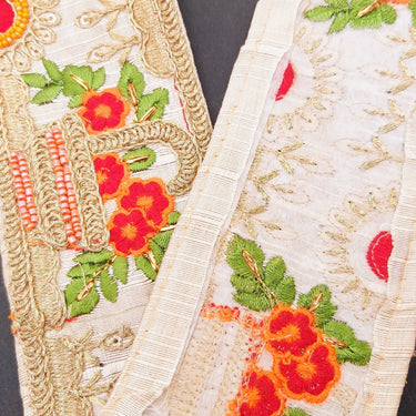 Beige Art Silk Fabric Trim With Green, Orange, Red And Gold Floral Embroidery
